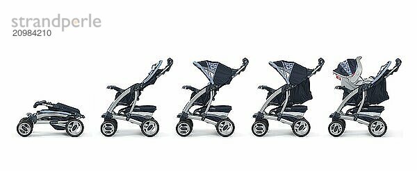 Modern convertible baby stroller sequence of images isolated on white background