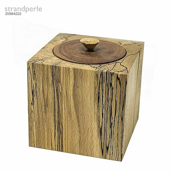 Light-coloured wooden box in cube shape made of beech wood with lid painted white