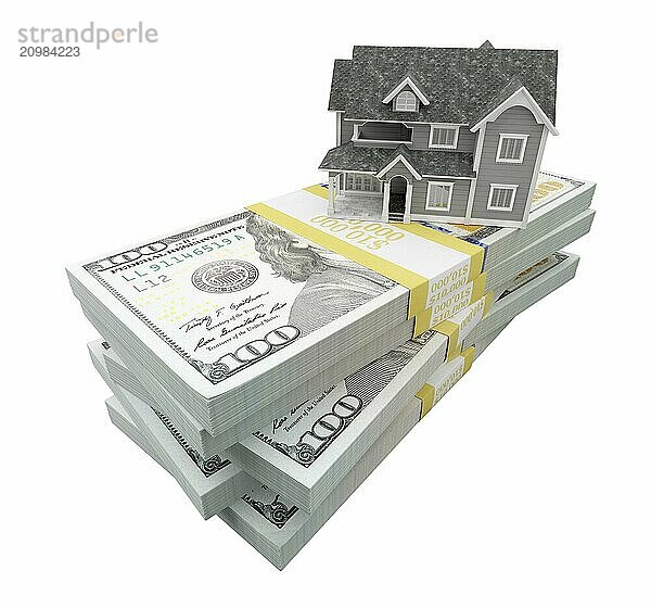 Miniature house resting on stack of thousands of dollars cash isolated on a white background