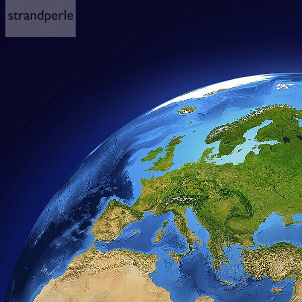 View of the Earth globe from space showing European continent. Isolated on dark blue background