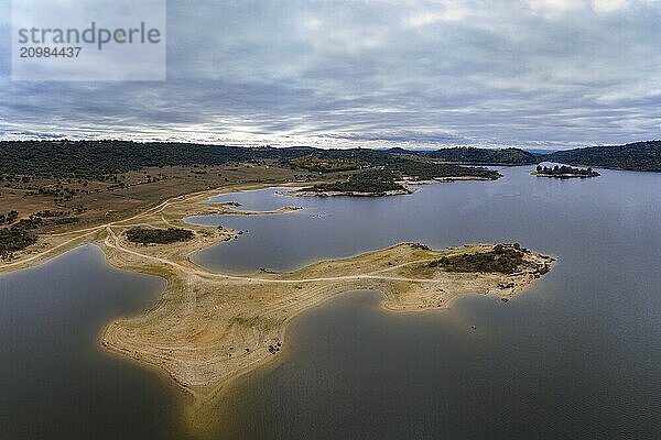 Drone aerial view of Idanha Dam Marechal Carmona landscape with beautiful blue lake water  in Portugal