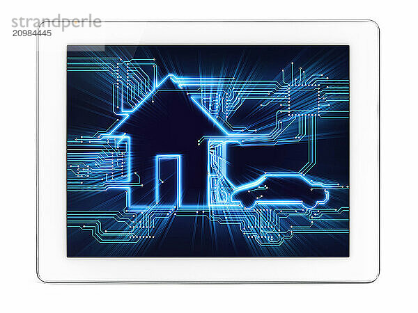 Connected house and electric car future home automation household technology conceptual diagram on display of a tablet computer isolated on white background