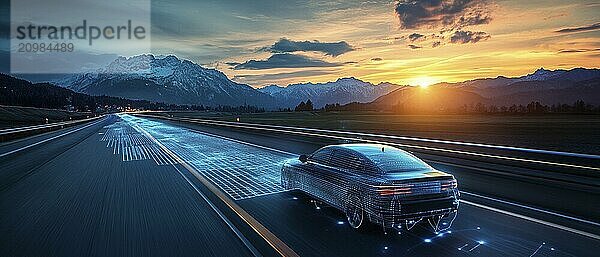 Futuristic car driving on a scenic road during sunset with digital effects and mountains  AI generated