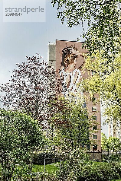 Gothenburg  Sweden  May 21 2017: Tall wall mural at apartment house in Frölunda  Europe