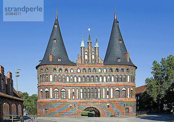 The Lübeck Holsten Gate from above  Schleswig-Holstein  Germany  Europe