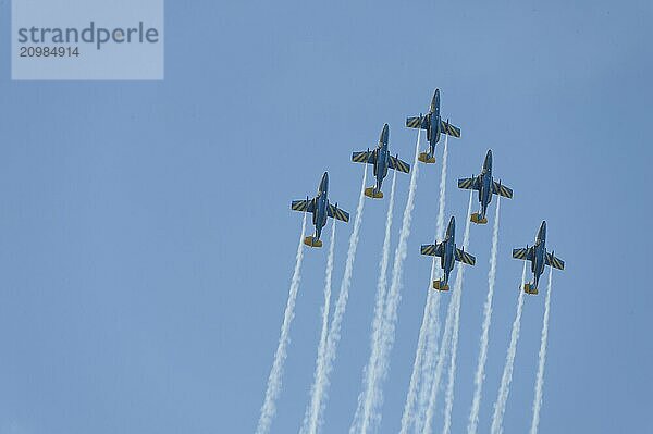 Gothenburg  Sweden  August 29 2009: Swedish Team 60 air display group persofming aerobatic maneuvers  Europe