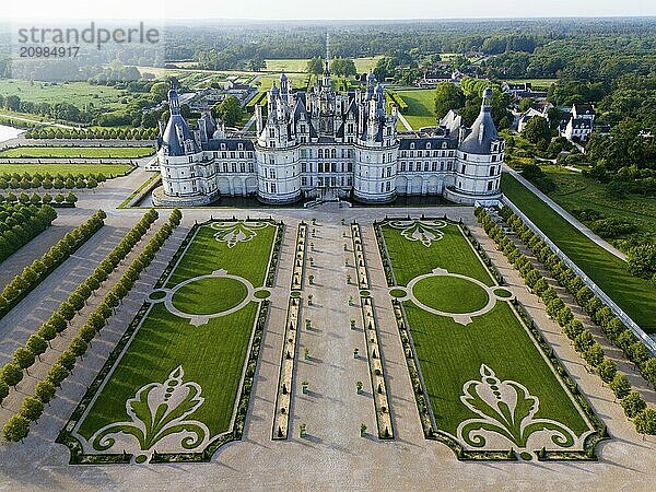 Impressive castle with magnificent symmetrical gardens and Renaissance architecture  seen from the air  aerial view  Chambord Castle  Château de Chambord  Loire Castle  Loire Valley  Loir-et-Cher Department  Centre Region  France  Europe