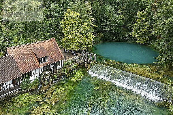 Blautopf Blaubeuren with industrial monument Hammerschmiede  source of the little river Blau in a landscape with forest. Karst spring  geotope and geopoint of the UNESCO Swabian Alb Geopark  tourist attraction. The popular excursion destination is now being thoroughly renovated and will therefore be closed to visitors until the end of 2028. Drone photo. Blaubeuren  Baden-Württemberg  Germany  Europe