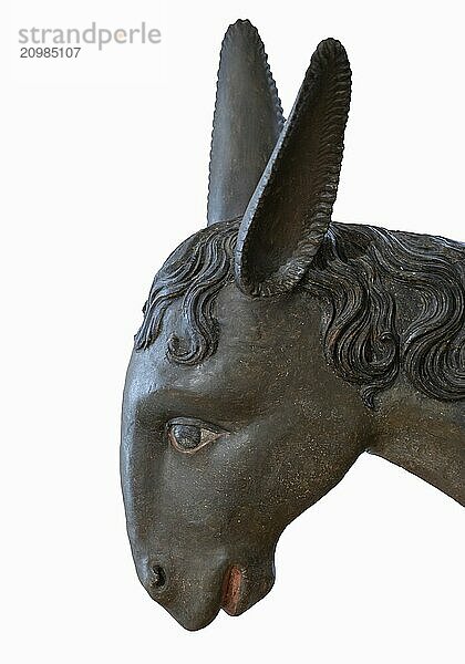 Palm donkey  detail of donkey head wooden figure from 1470  on white background  Franciscan Museum  Villingen  Baden-Württemberg  Germany  Europe