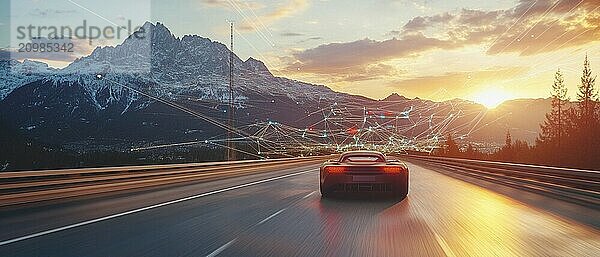 A sleek car drives on a scenic road with high-tech digital networks and a sunset backdrop  AI generated