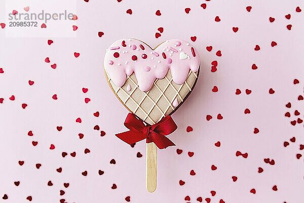 Melting ice cream heart gingerbread cookie. Valentine. Pink background  glitter.