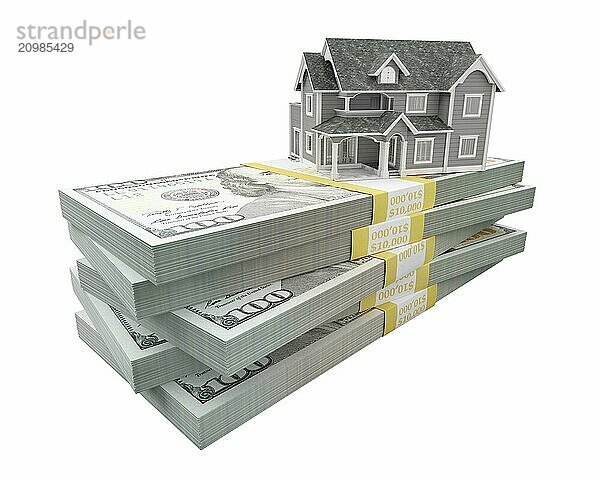 Miniature house resting on stack of thousands of dollars cash isolated on a white background