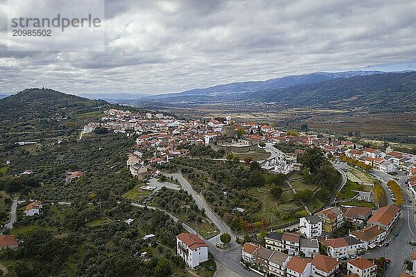 Belmonte historic village drone aerial view of castle in Portugal