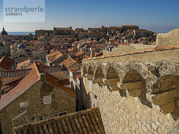 City view with numerous tiled roofs and historic buildings by the sea  dubrovnik  Mediterranean Sea  Croatia  Europe