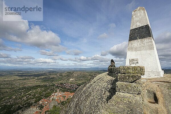 Caucasian woman on Picoto highest point of Monsanto castle with landscape view  in Portugal