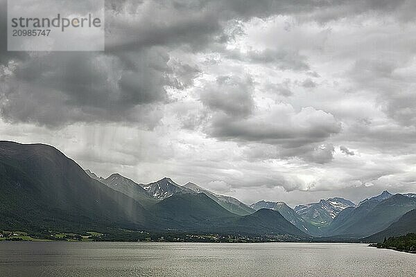 Raining in the mountains along the Romsdalsfjorden near Andalsnes  Norway  Europe