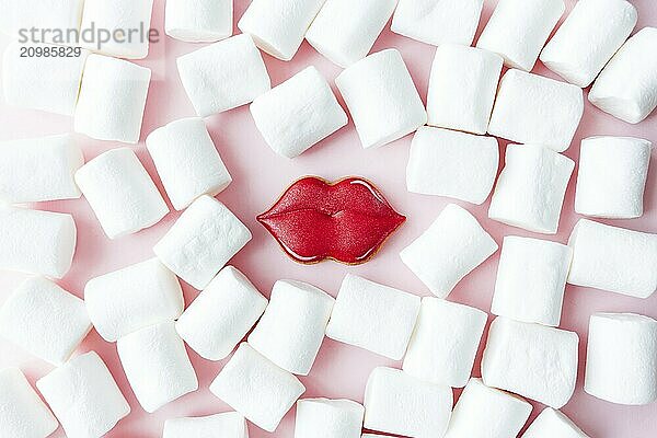 Gingerbread cookies lips with white marshmallow. Valentine card. Pink background.