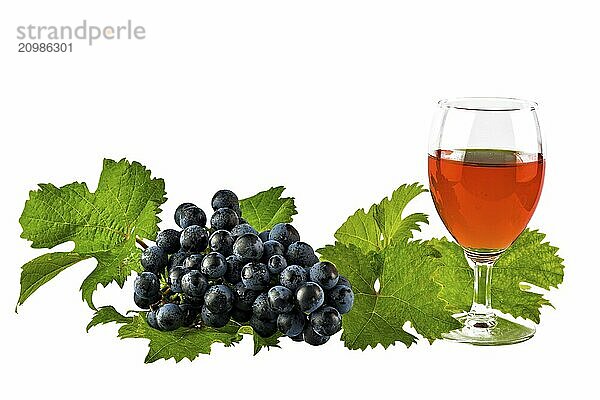 Rose wine with red Dornfelder grapes and vine leaves on white