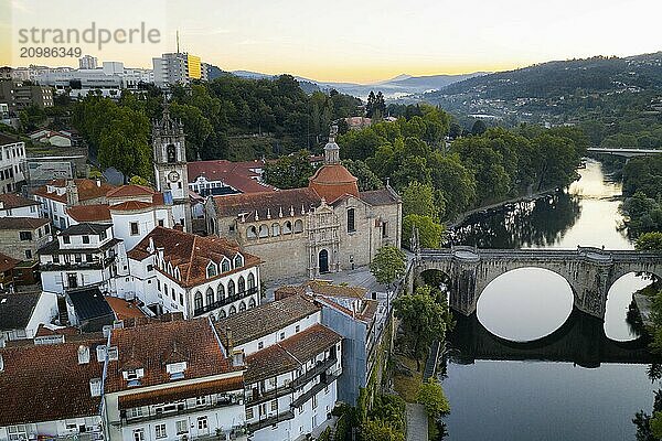 Amarante drone aerial view with beautiful church and bridge in Portugal at sunrise