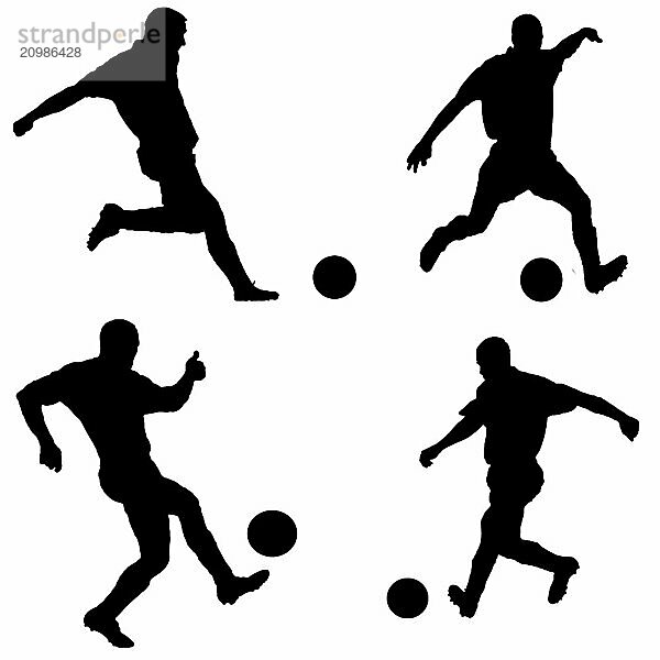 Football player as silhouette cut out on white while shooting a football