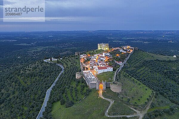 Evoramonte drone aerial view of village and castle at sunset in Alentejo  Portugal  Europe