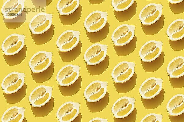 Conceptual pattern with halves of lemon with shadow on yellow background. Healthy eating  travel or vacation concept