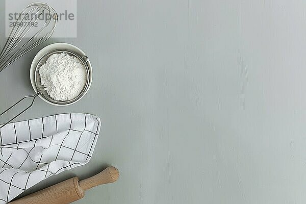 Baking ingredients  kitchen utensils  cooking concept on grey background flat lay  copy space. Prepare dough  bowl flour  rolling pin  whisk  kitchen towel  salt  soda  sieve. Photo on kitchen table