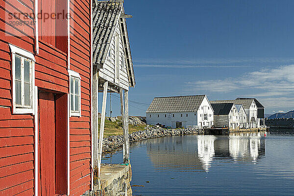 Old warehouses in Runde Island harbour  Møre og Romsdal  Norway  Europe