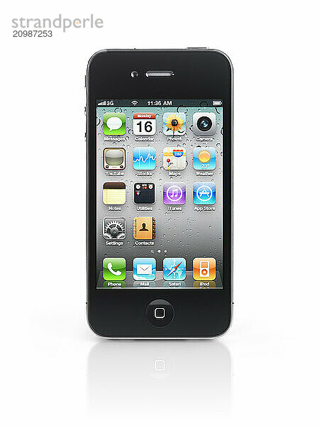 Apple iPhone 4 smartphone with desktop icons on its display isolated with clipping path on white background. High quality photo