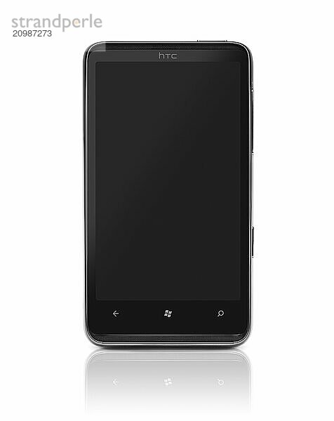 Windows 7 phone. HTC HD7 smartphone with clear screen isolated with clipping path on white background. High quality photo