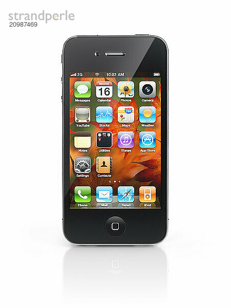 Apple iPhone 4 smartphone with desktop icons on its display isolated with clipping path on white background. High quality photo