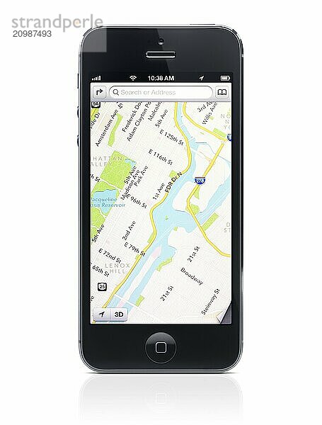 IPhone 5 with Apple map app  new Apple mapping service on its display isolated on white background with clipping path