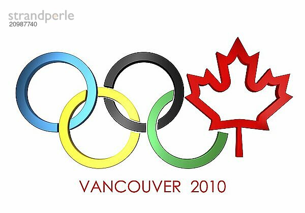 Olympic rings Vancouver 2010 concept with a Canada maple leaf symbol. Isolated on white background