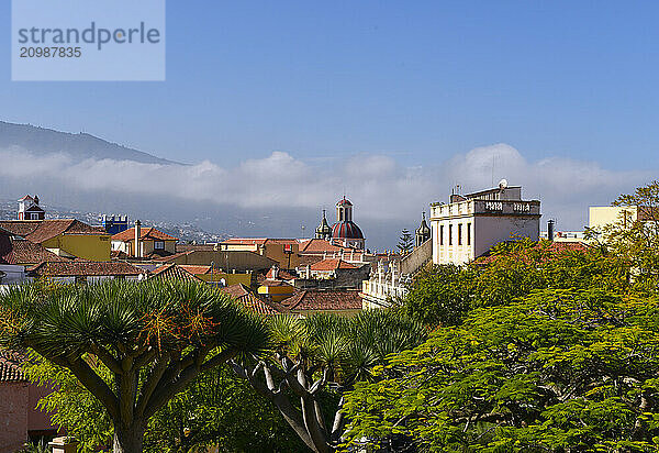 View of La Orotava from the Liceo de Taoro  Teide in the background  Tenerife  Canary Islands  Spain  Europe