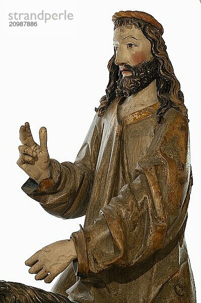 Palmesel  detail of Christ's head  wooden figure from 1470  on a white background  Franciscan Museum  Villingen  Baden-Württemberg  Germany  Europe