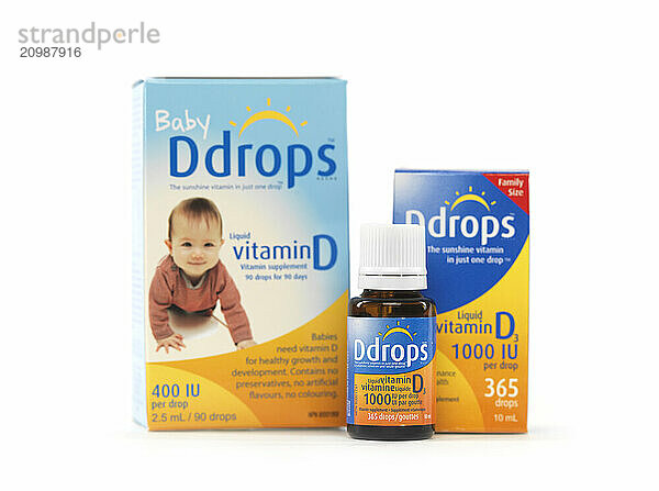 Liquid natural Vitamine D drops Ddrops for babies and adults isolated on white background