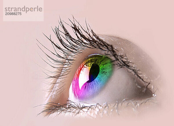 Colorful female eye macro photography. Eyesight vision biometrics concept