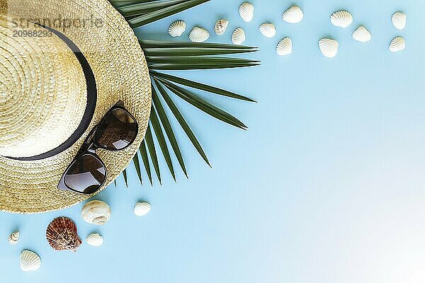 Travel  vacation concept. Hat with sea shells  palm leaf and eyeglasses on blue background.