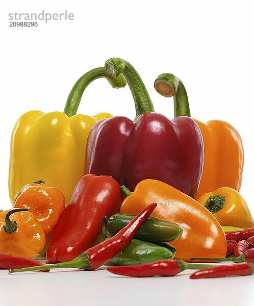 Variety of colorful sweet and hot peppers  red  yellow  orange sweet peppers  Jalapeno  Cubanelle  Thai peppers  Scotch Bonnet pepper  mini sweet peppers. Food still life isolated on white background