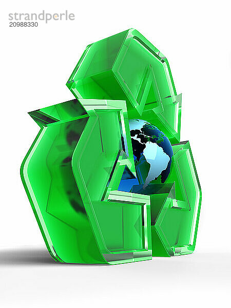 Green translucent recycling symbol with the Earth globe in the centre. 3D illustration isolated on white background