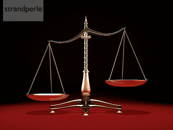 Biased brass weight scales Law and Justice symbol Isolated on black red background