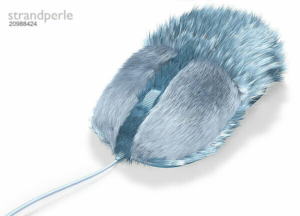 Blue furry computer mouse isolated on white background