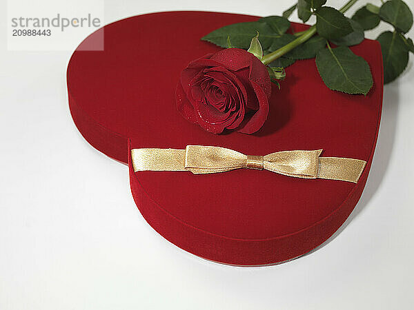 Red heart-shaped gift box and a red rose isolated on white background