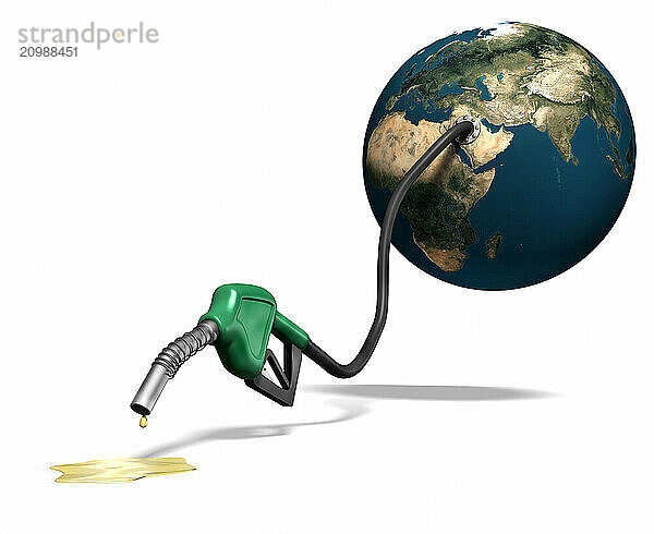 Last drops of gasoline coming out of a gas station nozzle connected to the Earth. Isolated illustration on white background