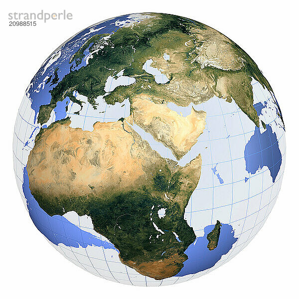 Half transparent Earth globe view from space artistic digital illustration African Indian and European continents Isolated on white background