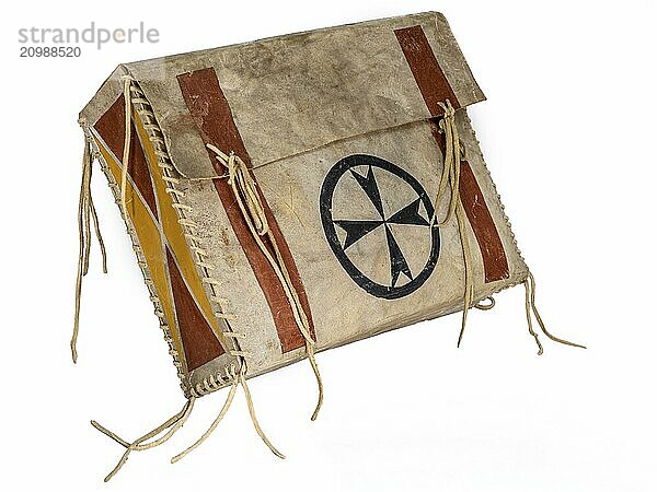 Transport box made of rawhide painted Indian with leather cords painted on white