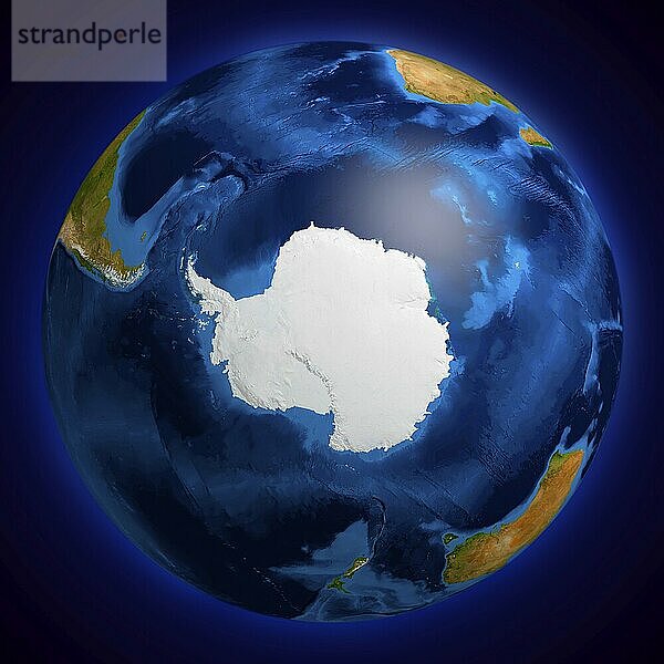 View of the Earth globe from space showing the Antarctic region. Isolated on dark blue background