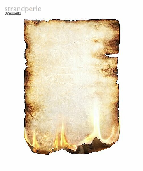 Burning blank piece of yellowish stained parchment isolated on white background