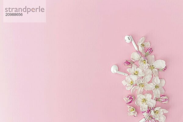 Music lover or fresh music concept flat lay on pink background with apple blossom and white earphones