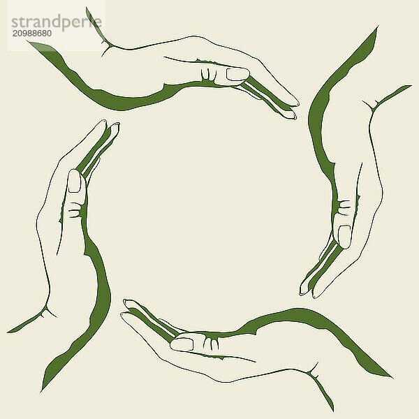 Four people hands making circle conceptual green round symbol  eco-friendly  sustainability and environment concept  isolated illustration on white background